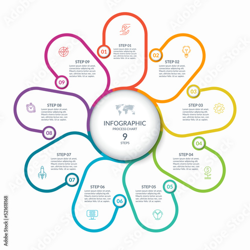 Infographic round chart with 9 steps, parts, options, processes. Vector circle infographic concept. Cycle diagram with thin line icons.