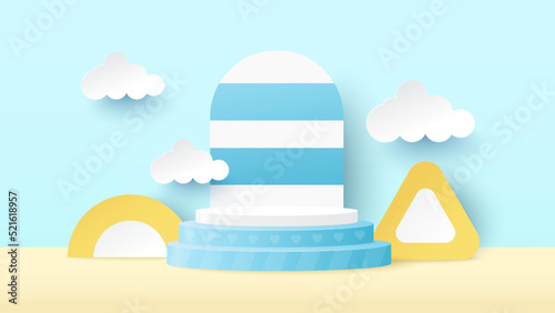 Podium platform to show product on beach background beach. Summer time background. Vector illustration