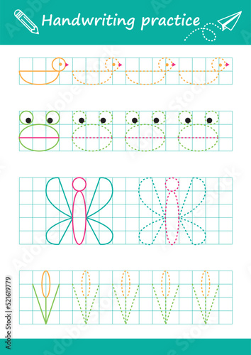 Trace line worksheet for kids. Basic writing. Working pages for children. Preschool or kindergarten worksheet. Trace the pattern. Vector illustration	
