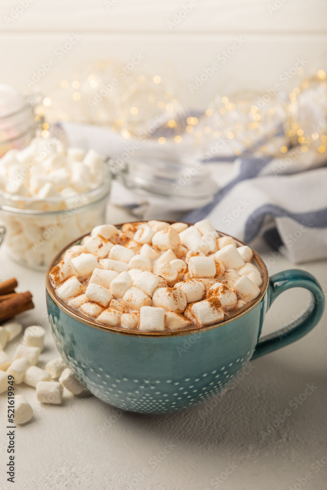 Cup of tasty cocoa drink and marshmallows in blue cup.Spices and marshmallows for winter drinks on white texture table.Winter hot drink.Hot chocolate with marshmallow and spices.Copy space. Cup of tasty cocoa drink and marshmallows in blue cup.Spices and marshmallows for winter drinks on white texture table.Winter hot drink.Hot chocolate with marshmallow and spices.Copy space.