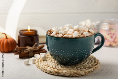 Wallpaper Mural Cup of tasty cocoa drink and marshmallows in blue cup.Spices and marshmallows for winter drinks on white texture table.Winter hot drink.Hot chocolate with marshmallow and spices.Copy space. Torontodigital.ca