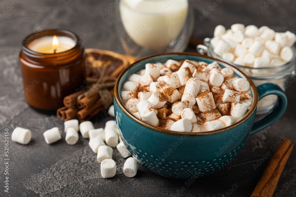 Cup of tasty cocoa drink and marshmallows in blue cup.Spices and marshmallows for winter drinks on black texture table.Winter hot drink.Hot chocolate with marshmallow and spices.Copy space. Cup of tasty cocoa drink and marshmallows in blue cup.Spices and marshmallows for winter drinks on black texture table.Winter hot drink.Hot chocolate with marshmallow and spices.Copy space.