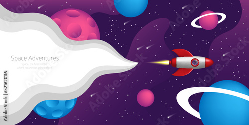 Space background with rocket. Galaxy and universe space cartoon poster.