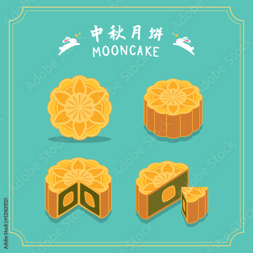 Different perspective view of lotus flavor moon cake. Cut half of moon cake, piece of sweet dessert moon cake to use on moon cake festival celebration.