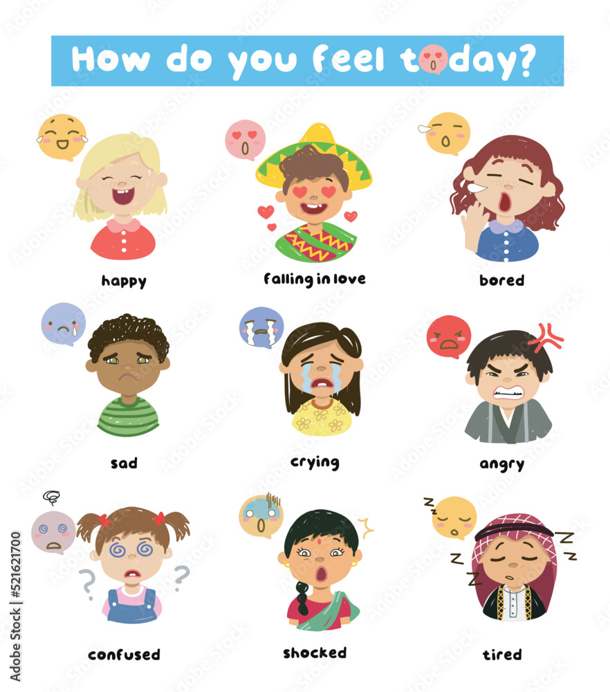 Set of children expressing feelings with adjective words illustration. Set of children expressing feelings with adjective words illustration.
