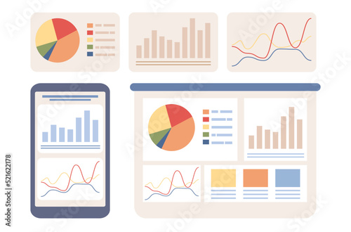 Data analytics icon set. Business analysis strategy. Marketing solutions, financial performance, accounting, statistics concept. Vector flat illustration