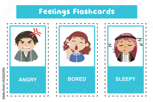 Feeling flashcards for children to understand about expressing feelings. Vector illustration.