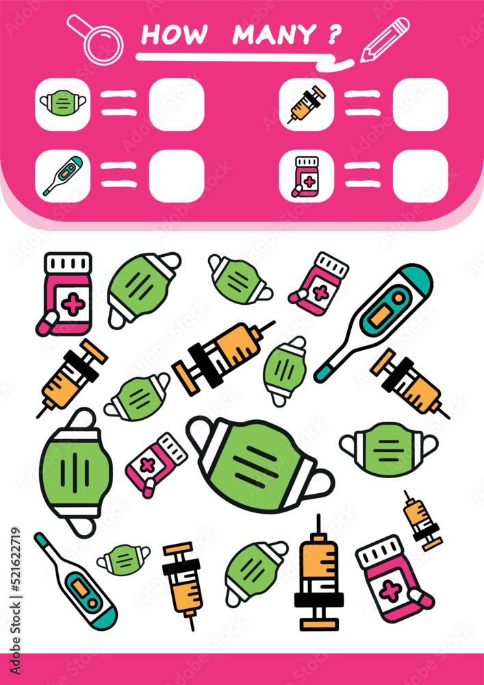Counting child game with cartoon items. Collection of learning children. Calculate how many and write down the result. Preschool workbook. Counting child game with cartoon items. Collection of learning children. Calculate how many and write down the result. Preschool workbook.