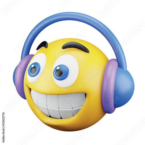 Listening music emoji face 3d rendering isometric icon.