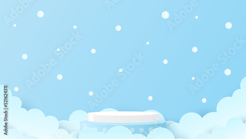 Merry Christmas banner with podium platform on sky background Happy new year stand to show product for christmas
