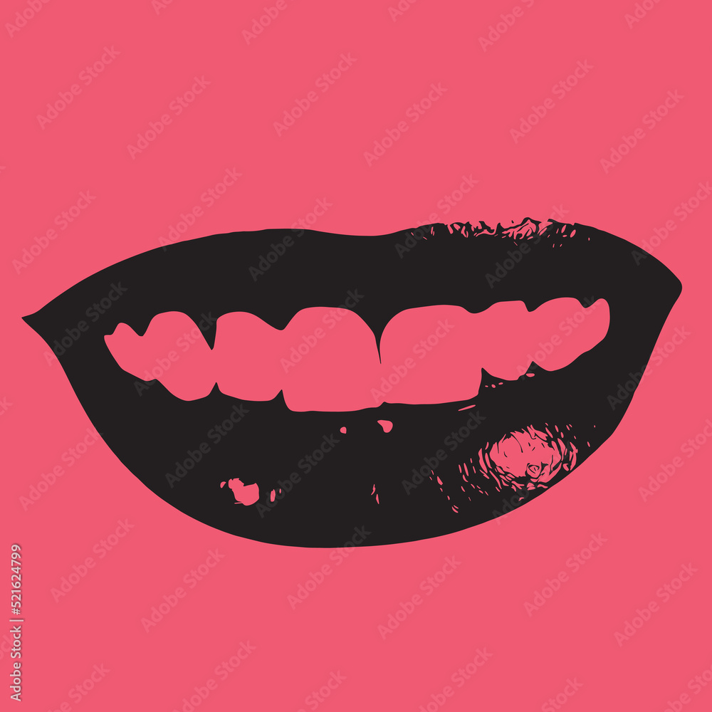 Naklejka premium Abstract vector shape illustration of cut out woman lips on pink background. Black lips color silhouette with expression