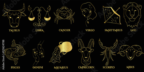 Vector illustration of the constellation of the gold zodiac signs isolated on black background.
Astrology and making a horoscope.