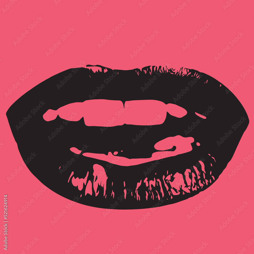 Abstract vector shape illustration of cut out woman lips on pink background. Black lips color silhouette with expression