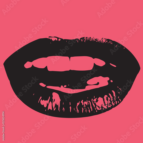 Abstract vector shape illustration of cut out woman lips on pink background. Black lips color silhouette with expression