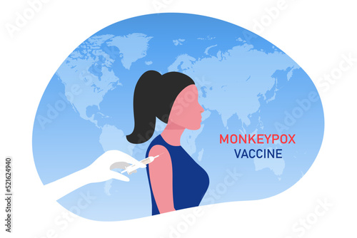 Monkeypox vaccine concept. Doctor injecting Monkeypox vaccine to people worldwide vector illustration
