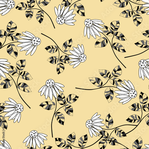 Abstract flowers on a beige background. Seamless vector composition.