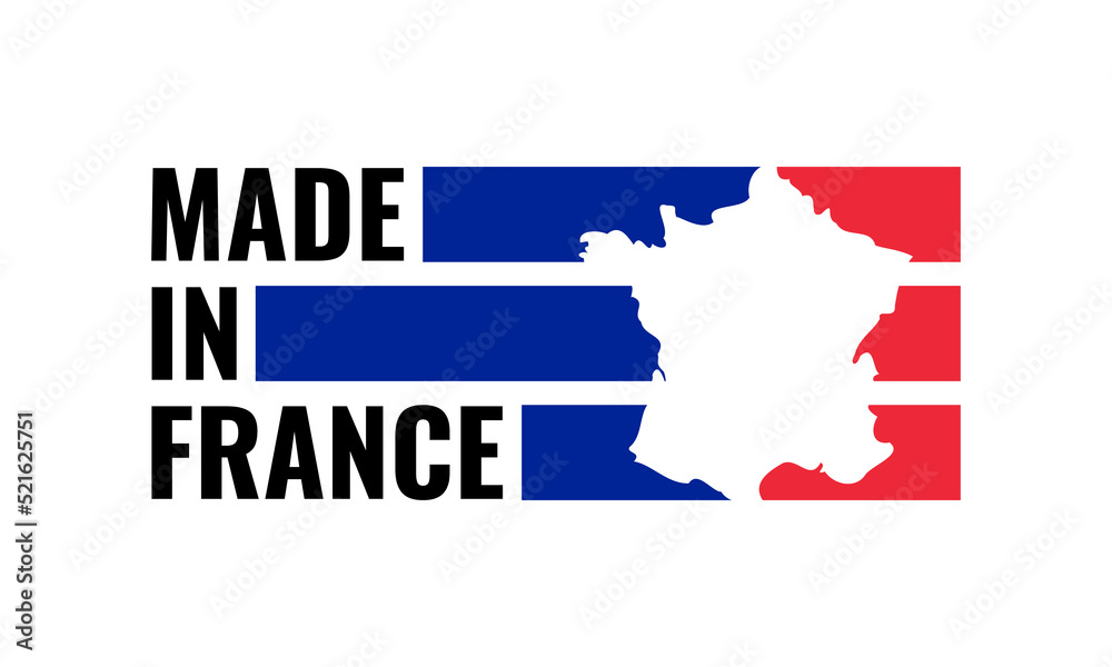 made in france, vector logo with french flag colored stripes and country map