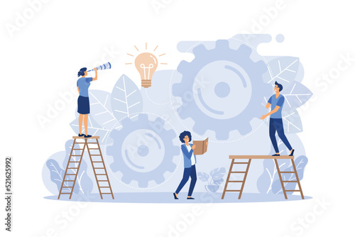 teamwork on finding new ideas, little people launch a mechanism, search for new solutions, flat design modern illustration