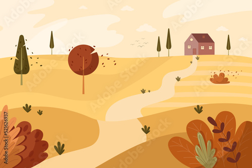 Autumn landscape. Atmospheric vector illustration, flat style. Bright color palette.