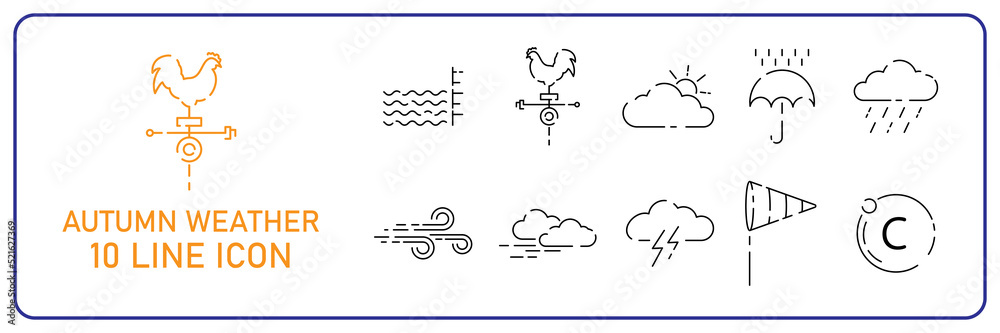 Autumn Weather line icon set. Meteorology vector. Cloud, weather vane rooster, windsock, Celsius, flood and overflow, umbrella or rain, lightning
