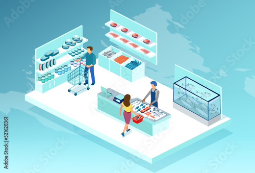 Vector of people shopping in a sea food store