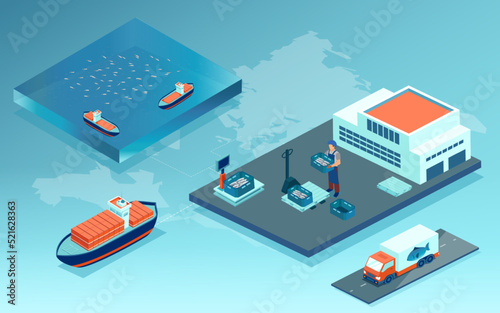 Vector of a fish industry, seafood production and distribution