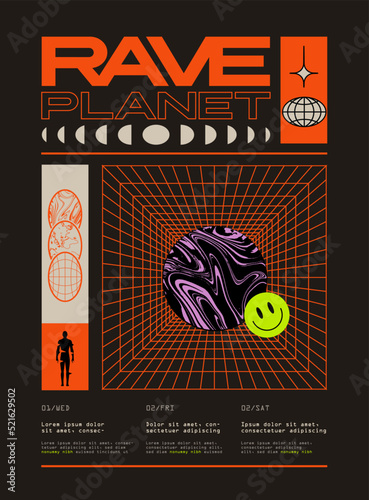 Rave party poster or flyer design template with modern retrowave graphic elements on black background. Vector illustration