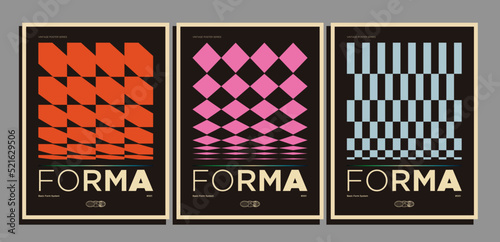 Set or retro styled posters with geometric vintage colored patterns for wall art prints or covers. Vector illustration