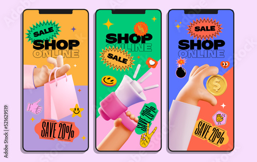 Online shopping marketing promo stories template set with bright colored shopping elements and stickers. Vector illustration