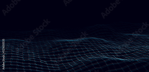 Futuristic vector digital wave. Dark cyberspace. Abstract wave with dots and line. White moving particles on background.