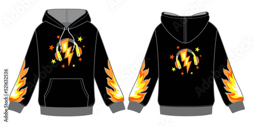 Hoodies with Character Streetwear Design. Illustration of a black sweatshirt with a hood, a flame pattern on the sleeves and a music emblem.