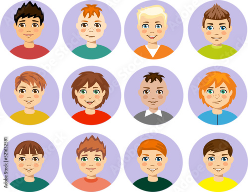 Cartoon handsome boy, young guy portraits. Human face avatar set. Vector illustration. Male Characters. flat icons set people.