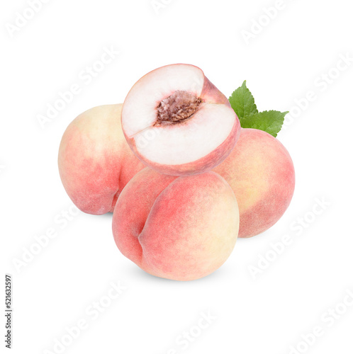 Fresh peach with leaves isolated on white background