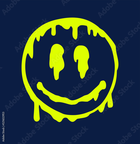 Sketch of a smile with paint streaks. Melting smile. Funny psychedelic surreal techno acid LSD melt smile face logo. Dripping smile. Good mood. Positive emoji. Molten. Sad face. Vector emoji.