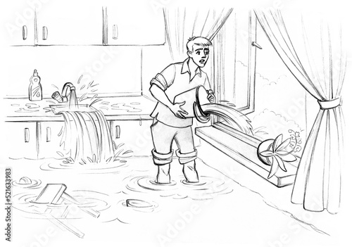 A man pours water through a window. Flood in the kitchen. Pencil drawing