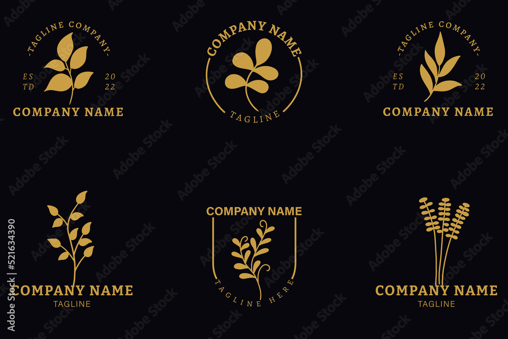 Fototapeta premium Minimalist Gold Leaf Leaves Tropical Logo Collection Style Dark Black.