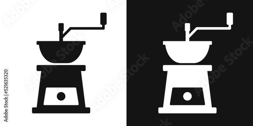 Mechanical coffee grinder vector icon. Kitchen machine for grinding beans,  coffee mill silhouette on black and white background