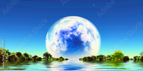 Terraformed moon over water surface