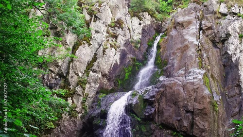 Waterfall and stone cliffs in the summer landscape. Green trees and twigs slowly moving by the wind.