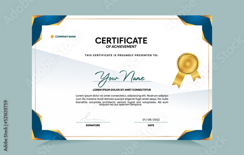 Blue and gold certificate of achievement template set with gold badge and border.  For award, business, and education needs. Vector Illustration