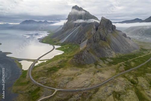 Aerial view of Hvalnes Nature Reserve with mountains along the coastline, Eastern, Iceland. photo