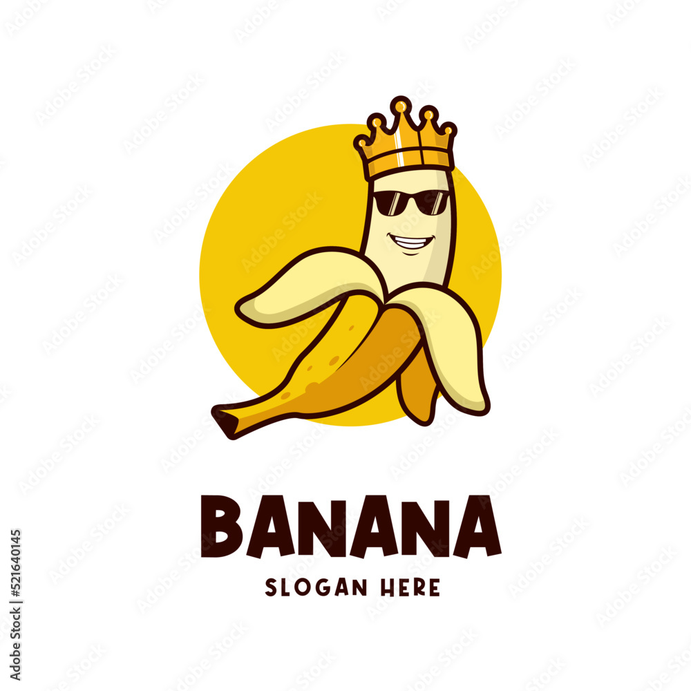 banana king logo. banana illustration with crown and cool glasses Stock