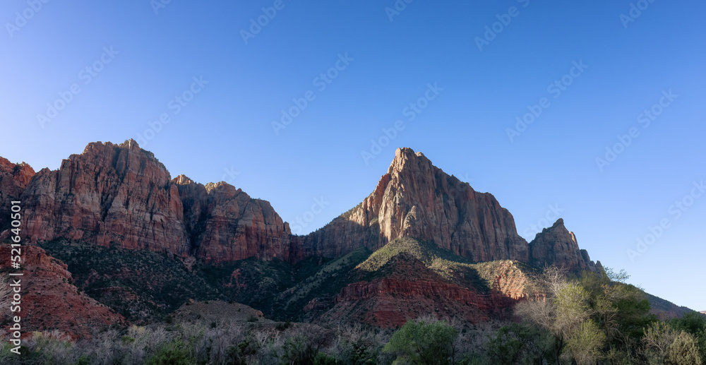 American Mountain Landscape. Sunny Morning Sky. Zion National Park, Utah, United States of America. Nature Background