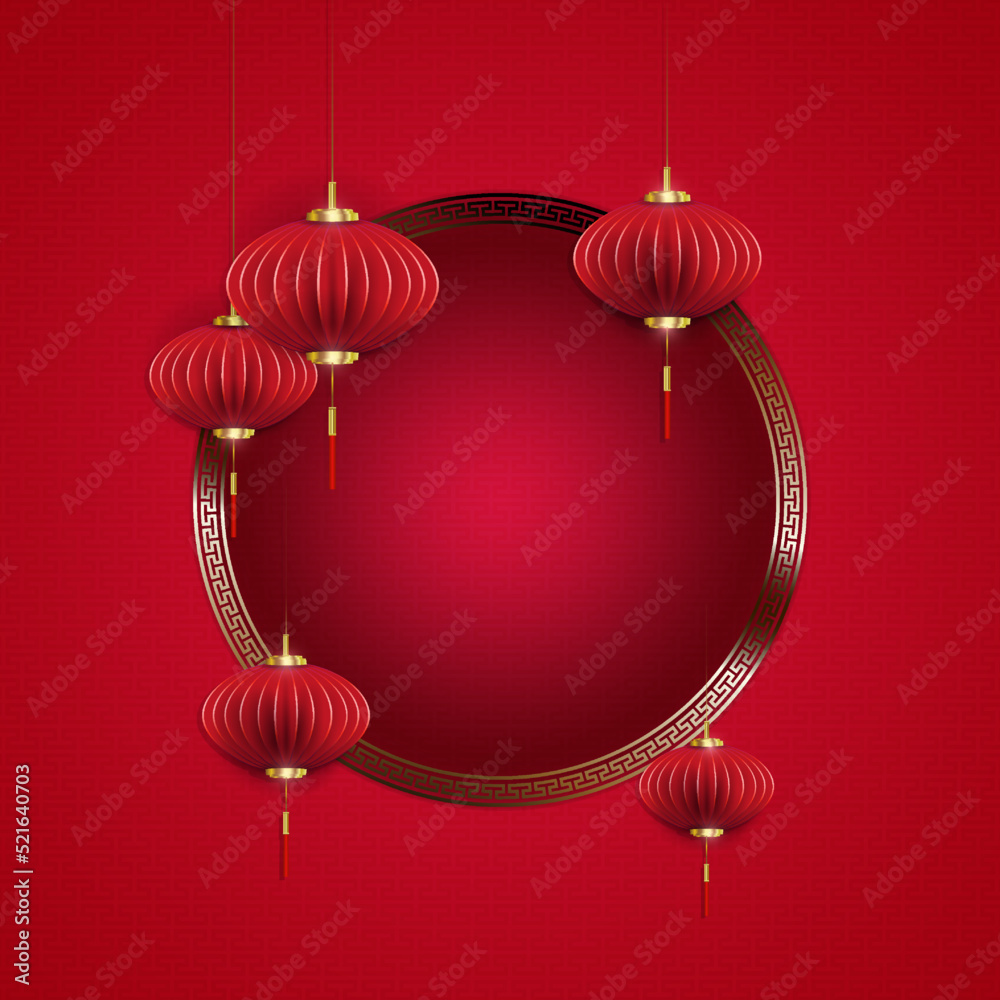 Red composition with a round frame, lanterns on pendants in the style of paper art Red composition with a round frame, lanterns on pendants in the style of paper art