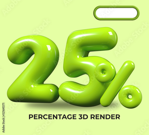 3D render number 25% percentage green plastic, balloon, sale discount, progress, shop kid sale