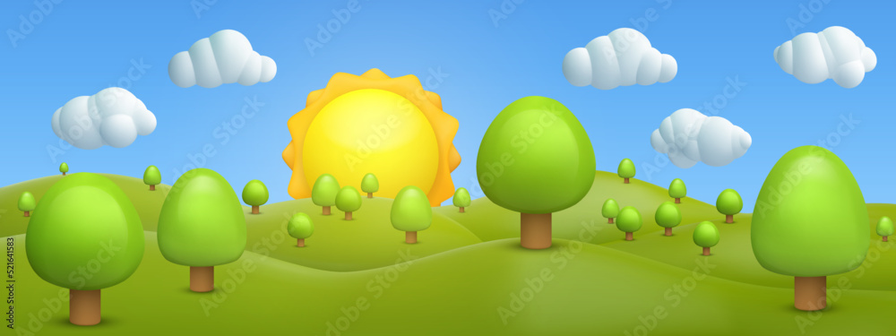3d realistic cartoon panorama summer landscape background with green hills, trees, mountains, clouds, sun, on blue sky. Cute children nature environment composition. Vector illustration. 3d realistic cartoon panorama summer landscape background with green hills, trees, mountains, clouds, sun, on blue sky. Cute children nature environment composition. Vector illustration.