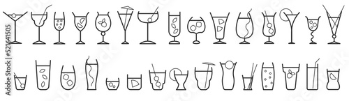 Set of minimal vector silhouettes drink cocktail or alcohol isolated on white background. Collection outline symbols various shapes. Design simple illustration different food glasses.