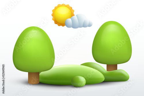 Realistic cartoon 3d summer nature composition in minimal cute style. Green ecology exhibition, podium, pedestal or island with trees. Cute template background composition. Vector illustration. #521641960