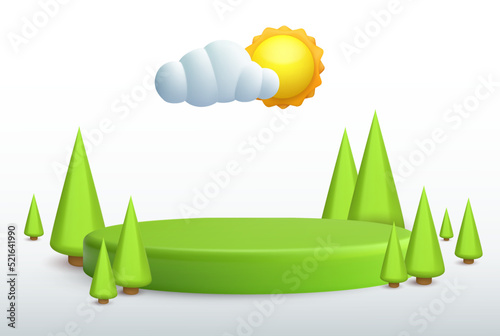 Realistic cartoon 3d summer nature composition in minimal cute style. Green ecology exhibition, podium, pedestal or island with trees. Cute template background composition. Vector illustration.