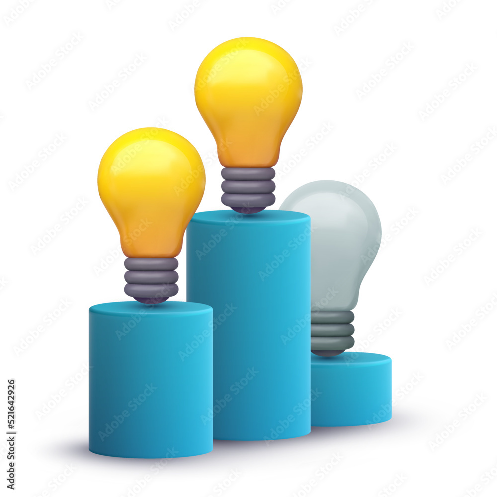 Three light bulb on blue pedestal isolated on white background. 3d realistic vector illustration in minimal modern cartoon style. Creative glossy plastic concept design. Decorative trendy composition. Three light bulb on blue pedestal isolated on white background. 3d realistic vector illustration in minimal modern cartoon style. Creative glossy plastic concept design. Decorative trendy composition.